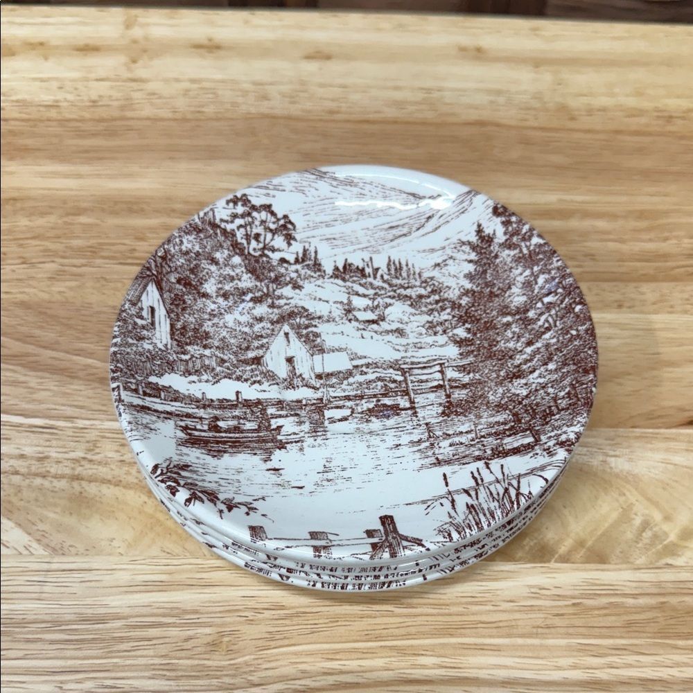 Vintage Ironstone Transferware Scenic Brown and White Plates